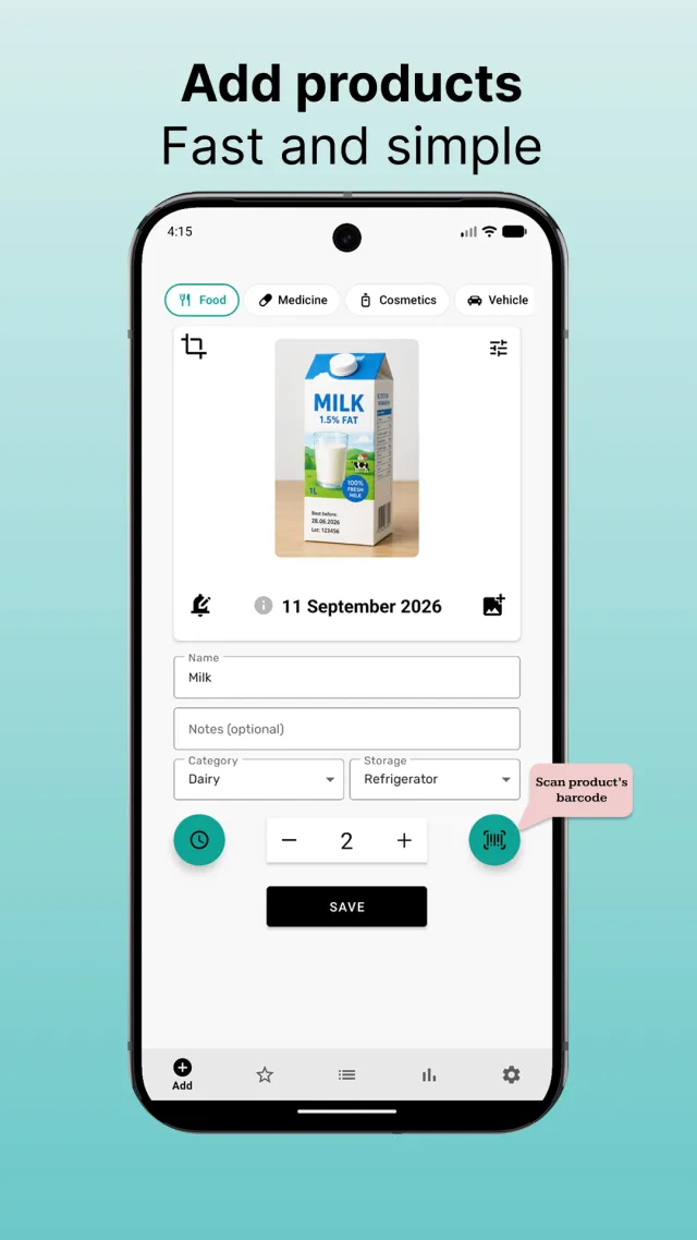 Add product screen with photo, date, name, category, storage place and quantity fields