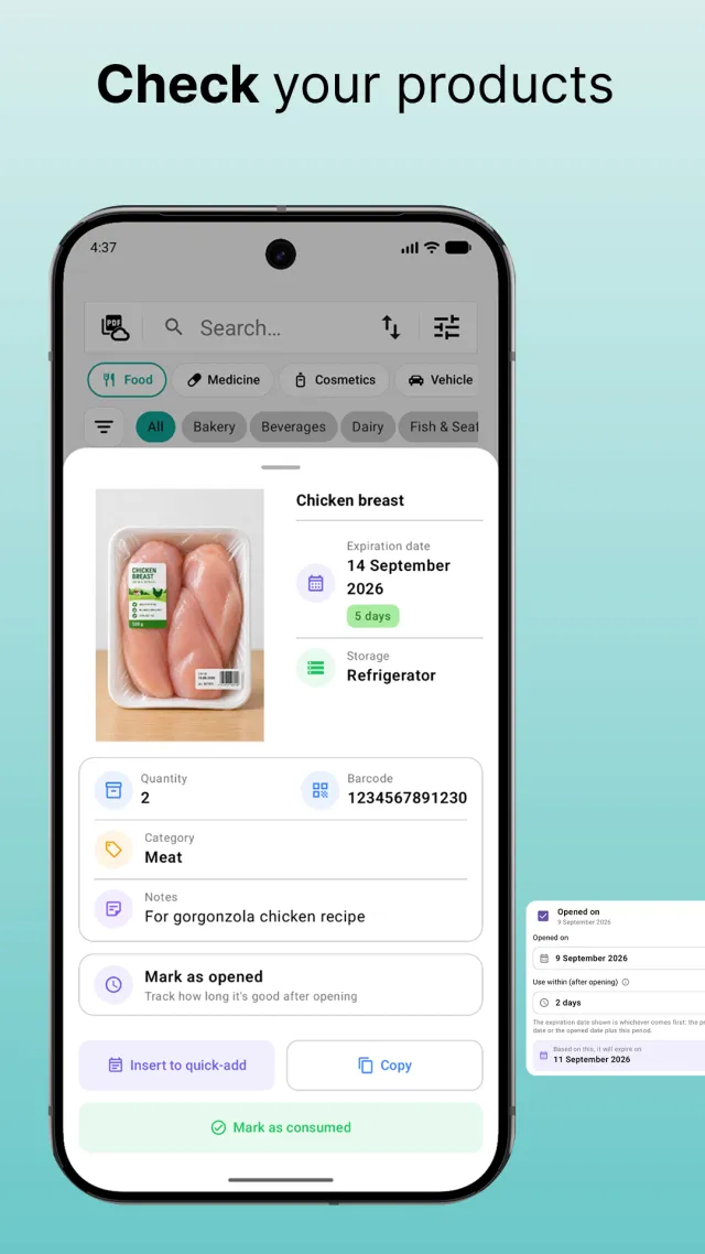 Xpiry product detail with a Mark as opened option: opened on date, use-within period and the resulting expiry date