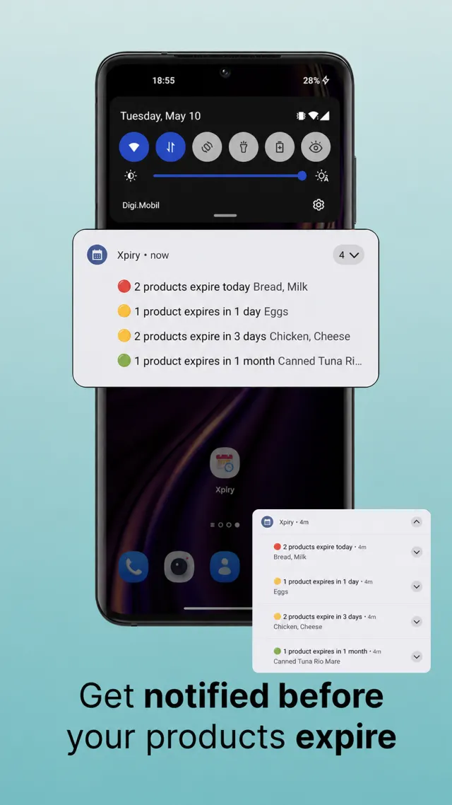 Android notification listing items that expire today, in 1 day, in 3 days and in 1 month